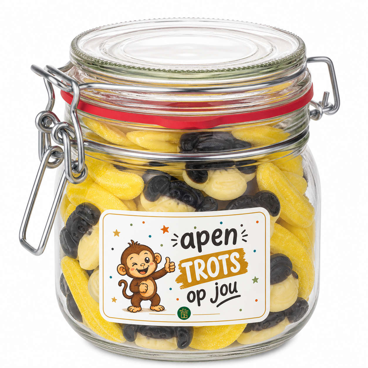 geslaagd_glas Snoeppot Apen trots op jou - Aapjes & bananen 0,5kg - Afbeelding 1